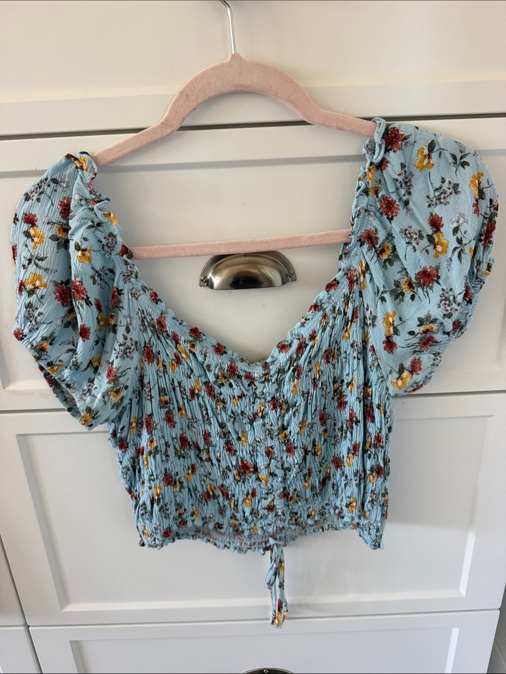 Olivaceous Light Blue Ditsy Floral Smocked Puff-Sleeve Crop Top